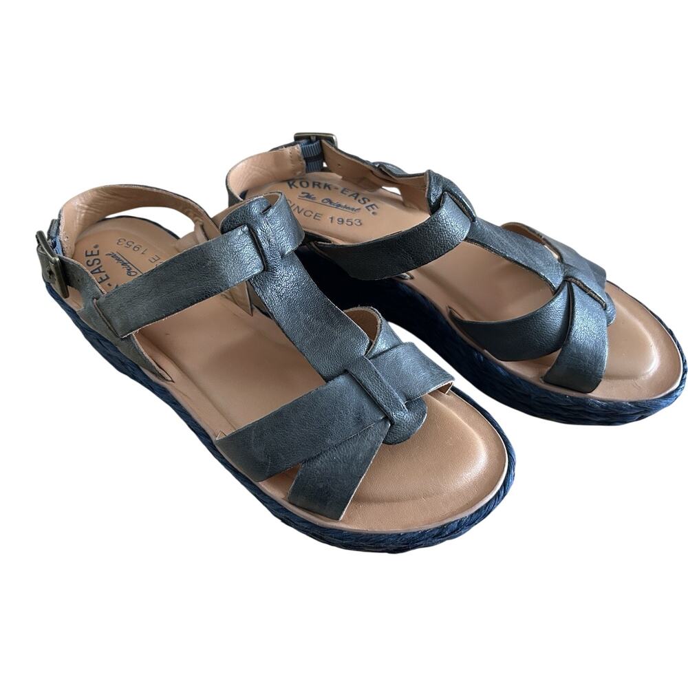 Kork-Ease Ande Espadrille Platform Wedge Sandals Leather Blue Women’s Size 6